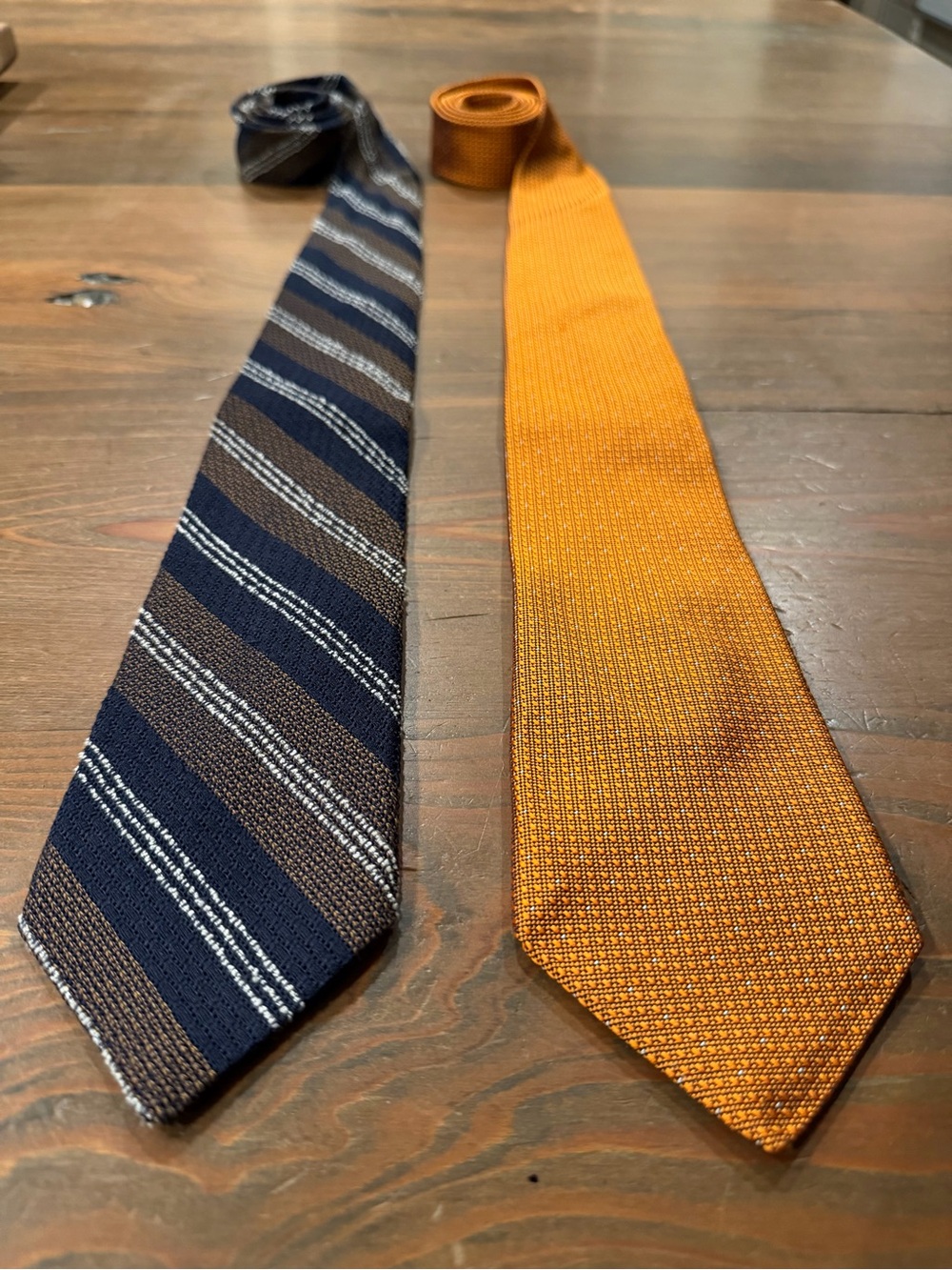 Hart Schaffner Marx Men's Set of 2 Ties Orange and Navy & Brown Knit Striped
